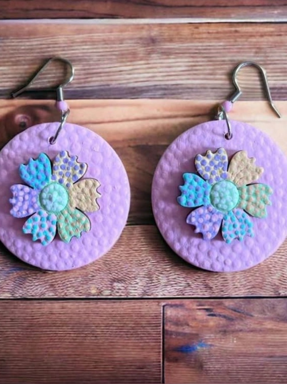 Dot-painted pink pastels floral circular earrings spring Easter 1.75”